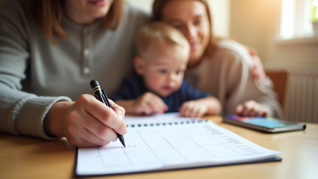 Rodina plánuje svůj harmonogram péče a práce, sedí spolu u stolu s kalendářem