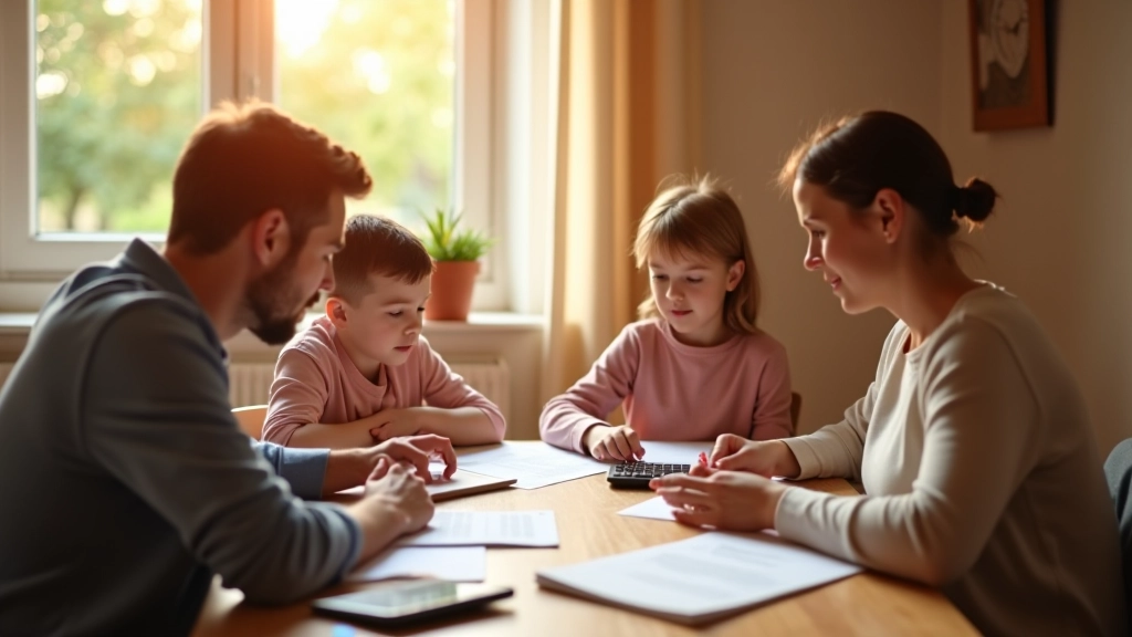 Rodina se dvěma dětmi sedí u stolu s dokumenty o sociálních podporách a kalkulačkou