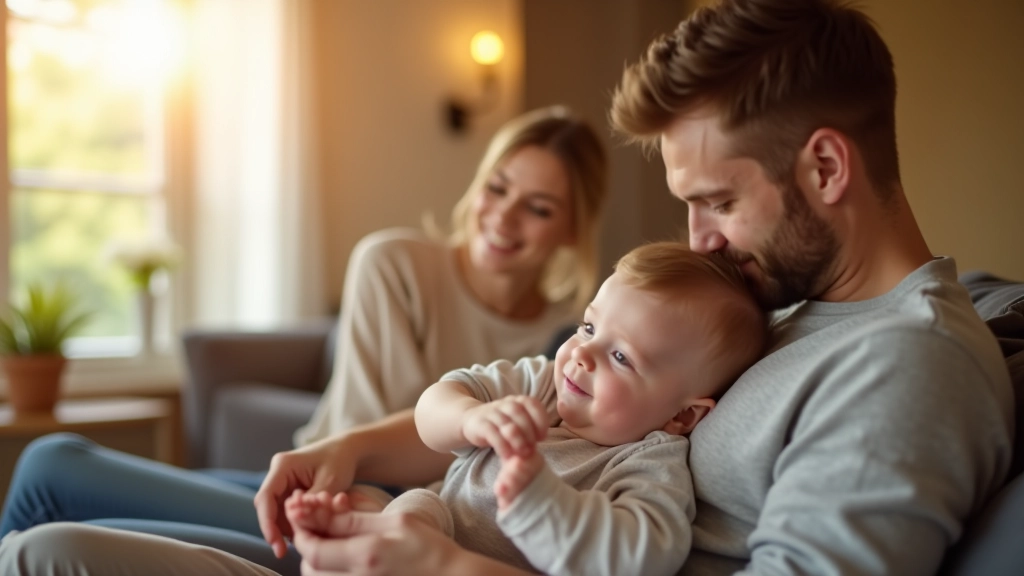 Rodina relaxuje doma, otec hraje s dítětem, matka se usmívá v pozadí, symbolizující rodinný čas a péči