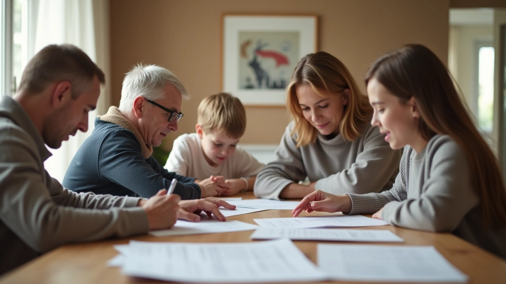 Rodina si čte dokumenty o sociálních příspěvcích, teplá domácí atmosféra s notebookem a papíry na stole