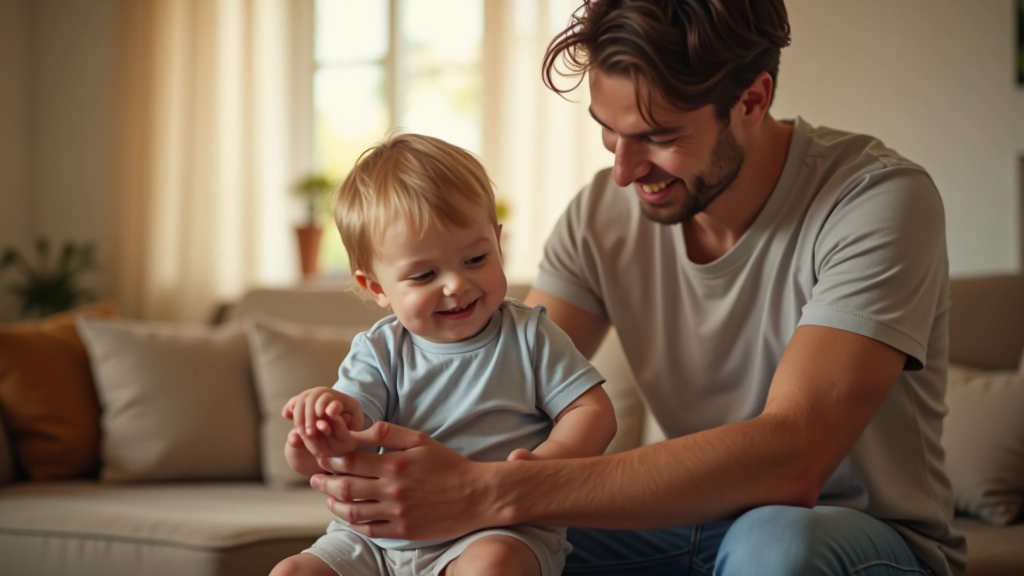 Otec hraje s malým dítětem doma, zastupuje roli péče a rodičovské odpovědnosti