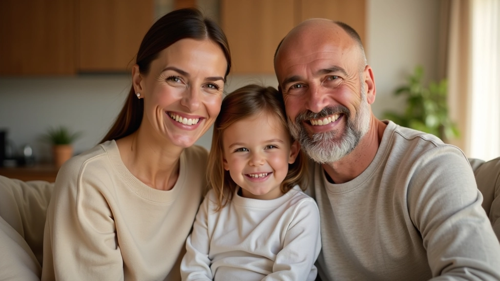 Šťastná rodina s dítětem v domácím prostředí, která se usmívá a plánuje rozpočet