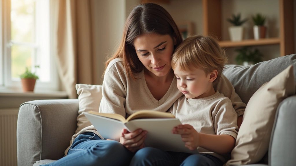 Matka čte knihu svému malému dítěti v pohodlném domácím prostředí s přirozeným osvětlením