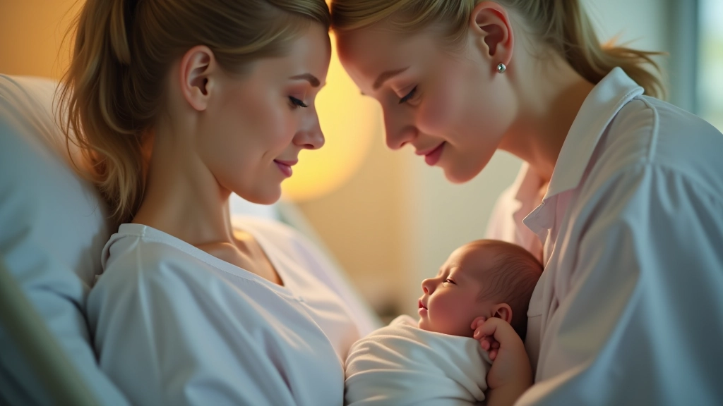 Matka s novorozeňkem v porodnici, obraz symbolizující mateřství a nový začátek