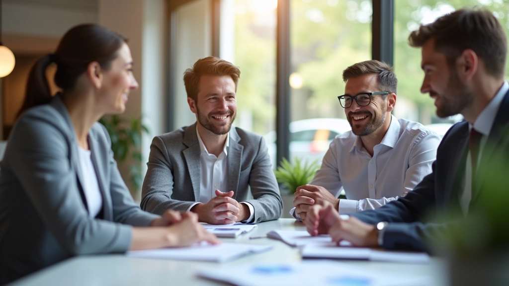 Pracovníci Rodičovského Plánu se usmívají v moderní kanceláři se stěnami plnými informací