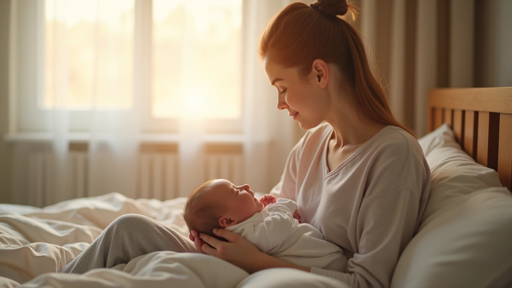 Žena s dítětem na posteli, maternita a rodičovství v domácím prostředí