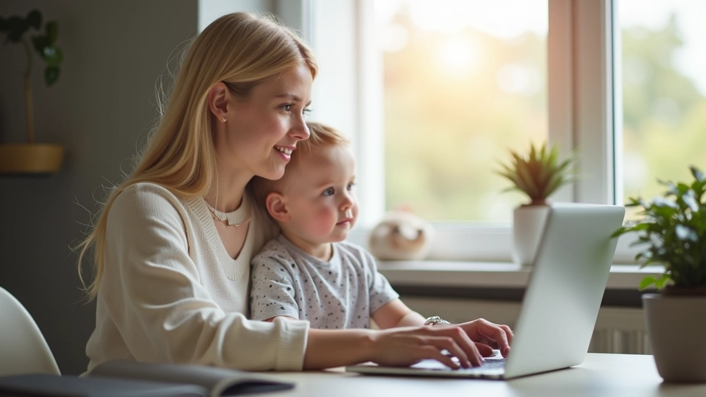 Matka pracující z domova s dítětem na klíně, flexibilní práce a rodičovství